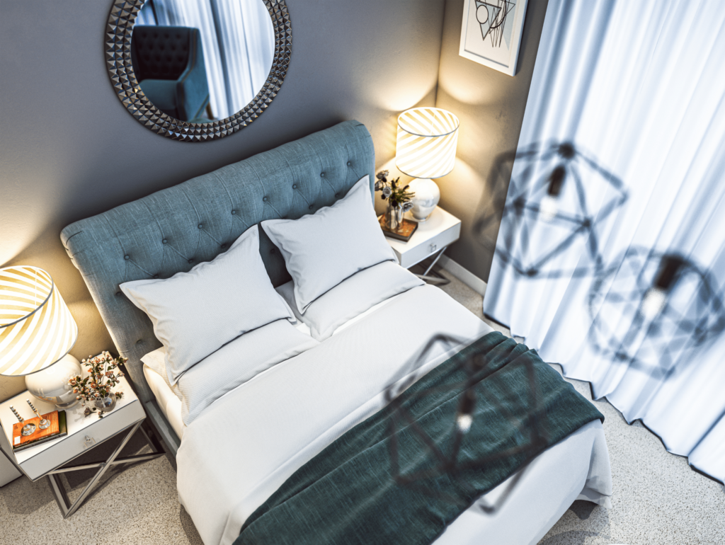 3D internal visualisation - bedroom scene in blue and white