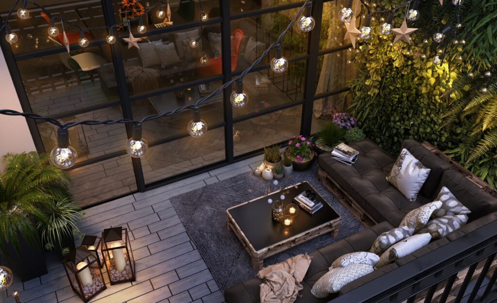 3D architectural visualisations of an outdoor space with furniture, plants and atmospheric lighting