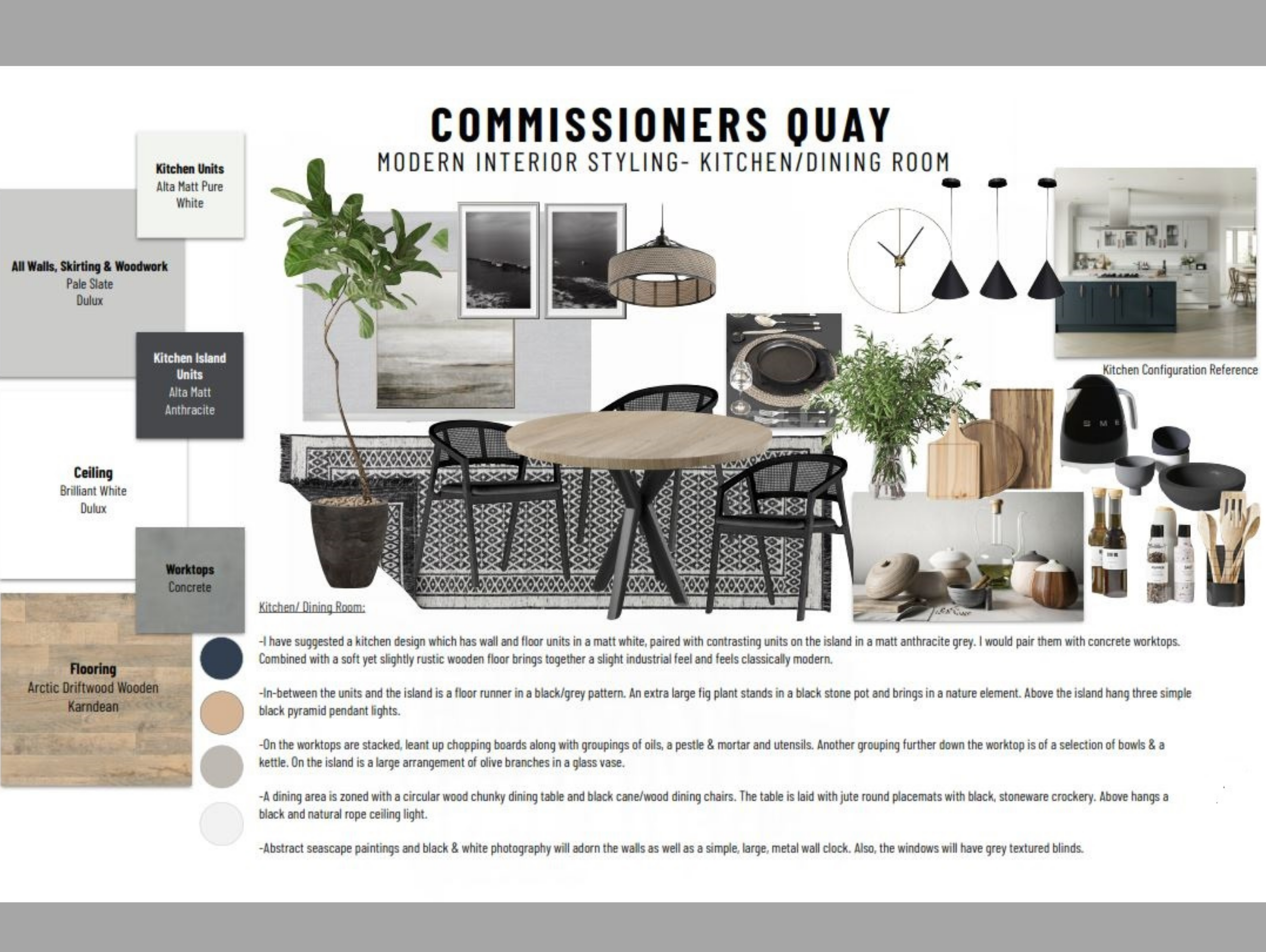 Mood Board Example of 3D CGI Interior Design. It is for a modern interior styled kitchen/dining room.