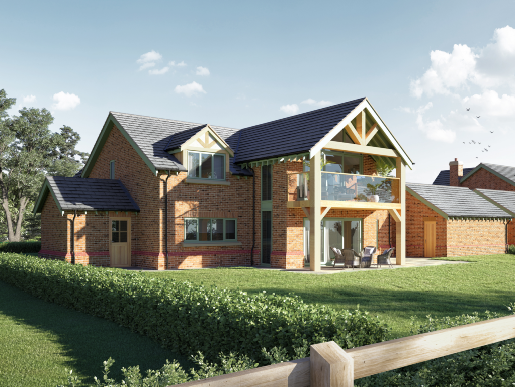 Exterior CGI of a luxury detached home in Cheshire with manicured landscaping and gated entrance