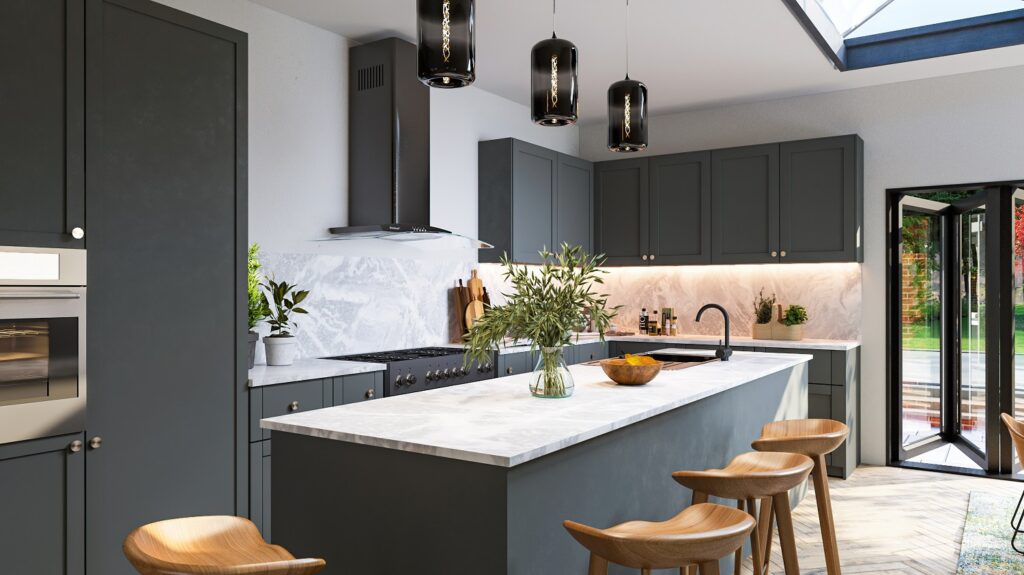3D visualisation of an open-plan kitchen