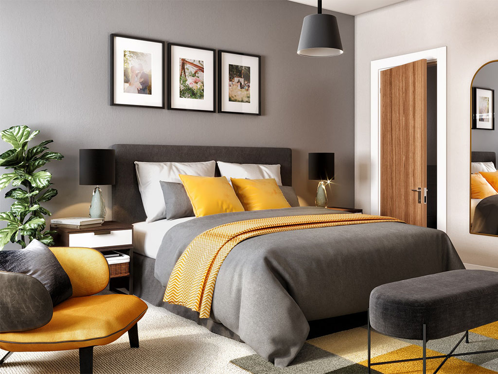 3D interior visualisations of a bedroom and bed in a gray and orange colour scheme.