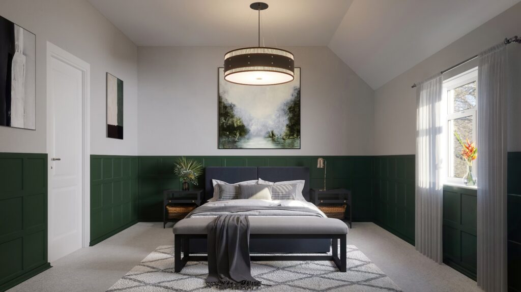 Large bedroom in green and white