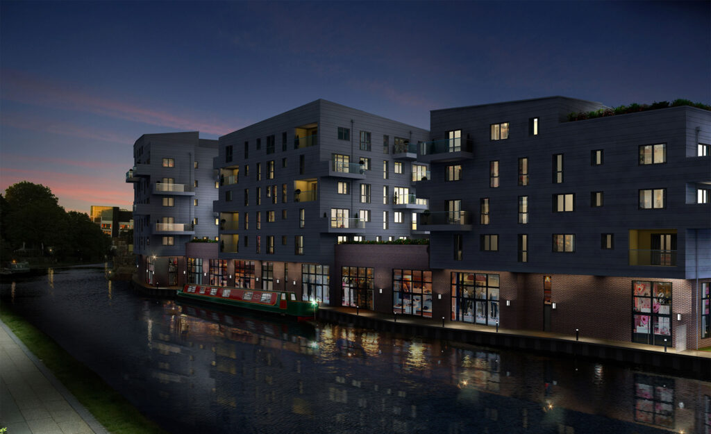 Canal with apartments at dusk - architectural renderings
