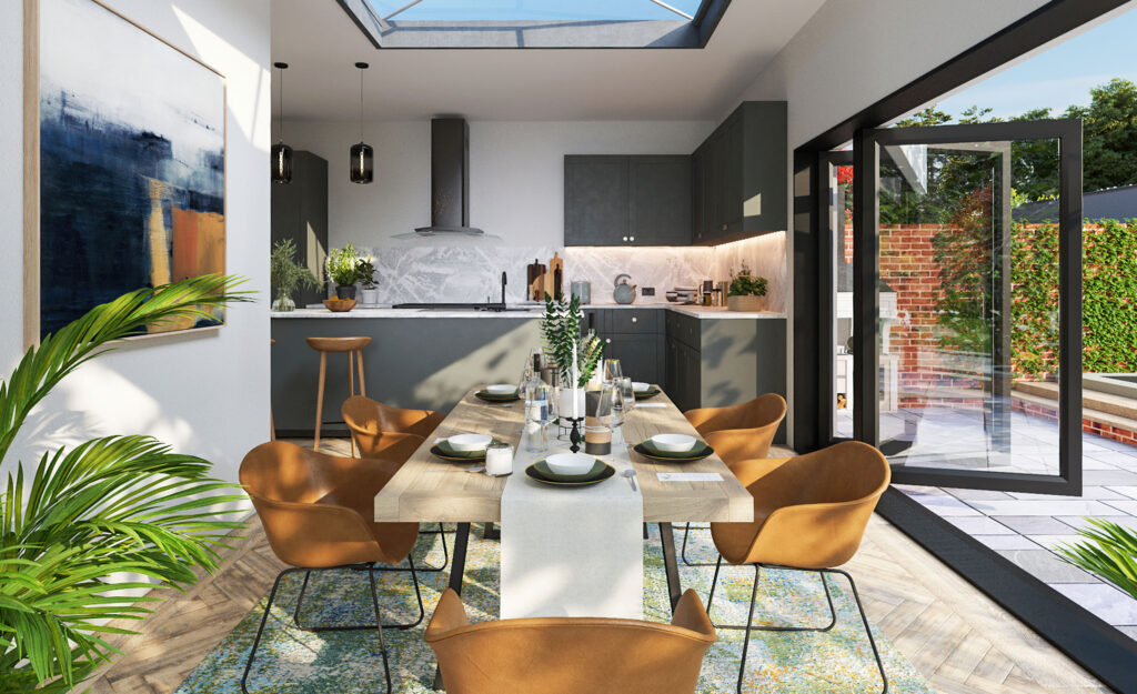 CGI of a kitchen-diner under a skylight near patio doors