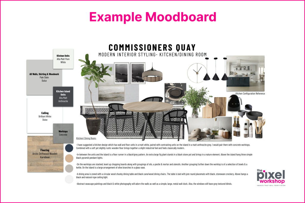 Interior design mood boards prepared by the in-house stylist
