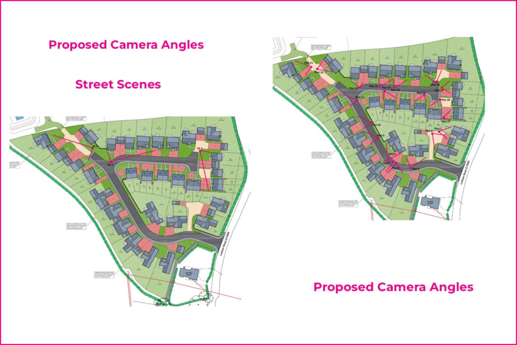 Proposed camera angles marked on a site plan in a Pixel Workshop quote