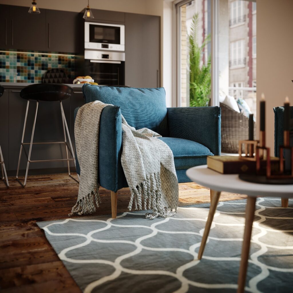 Close-up CGI of an upholstered chair showing fabric detail