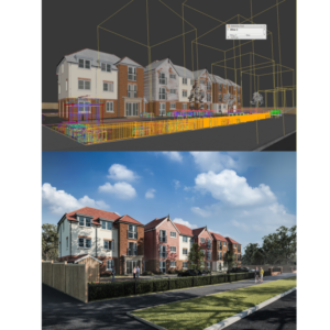 Blog. CGI animation example showing a street scene within the CGI program and the final image below.