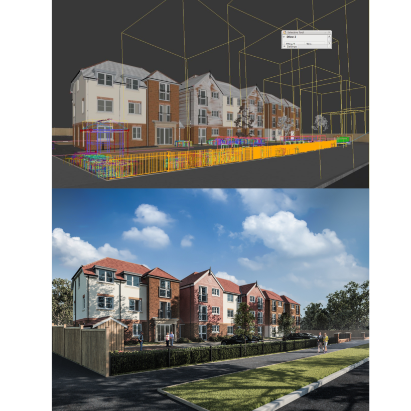 Blog.
CGI animation example showing a street scene within the CGI program and the final image below.