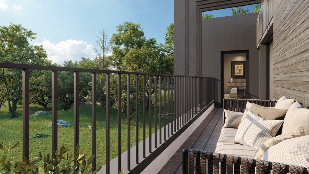 Balcony view CGI at Sevenoaks showing landscaped outdoor space and woodland