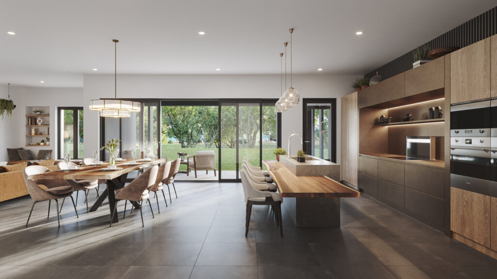 Contemporary kitchen CGI at Sevenoaks with interior styling and natural light