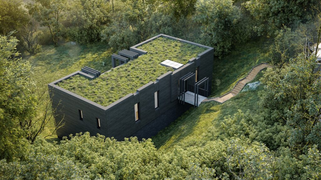 Side view CGI exterior of Sevenoaks residential property with woodland backdrop