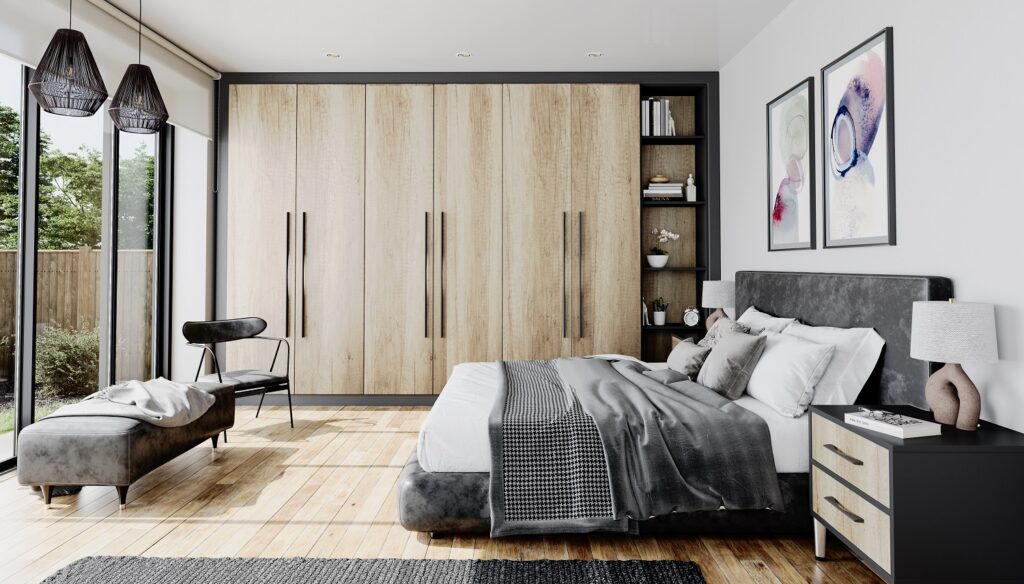 Blog. 
3D visuals example of bedroom with large windows and a wall of wardrobes.