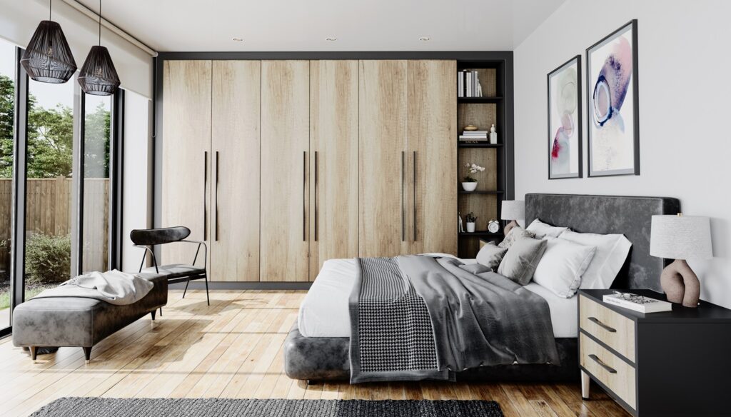 CGI Product Photography of a light bedroom with large windows and a wall of wardrobes