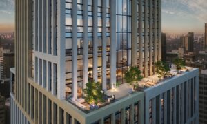 3d Exterior Visualisation property marketing image of apartment block terrace in the evening