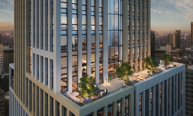 3d Exterior Visualisation property marketing image of apartment block terrace in the evening