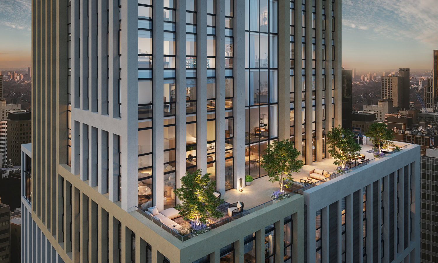 Exterior CGI of an apartment block terrace in the evening
