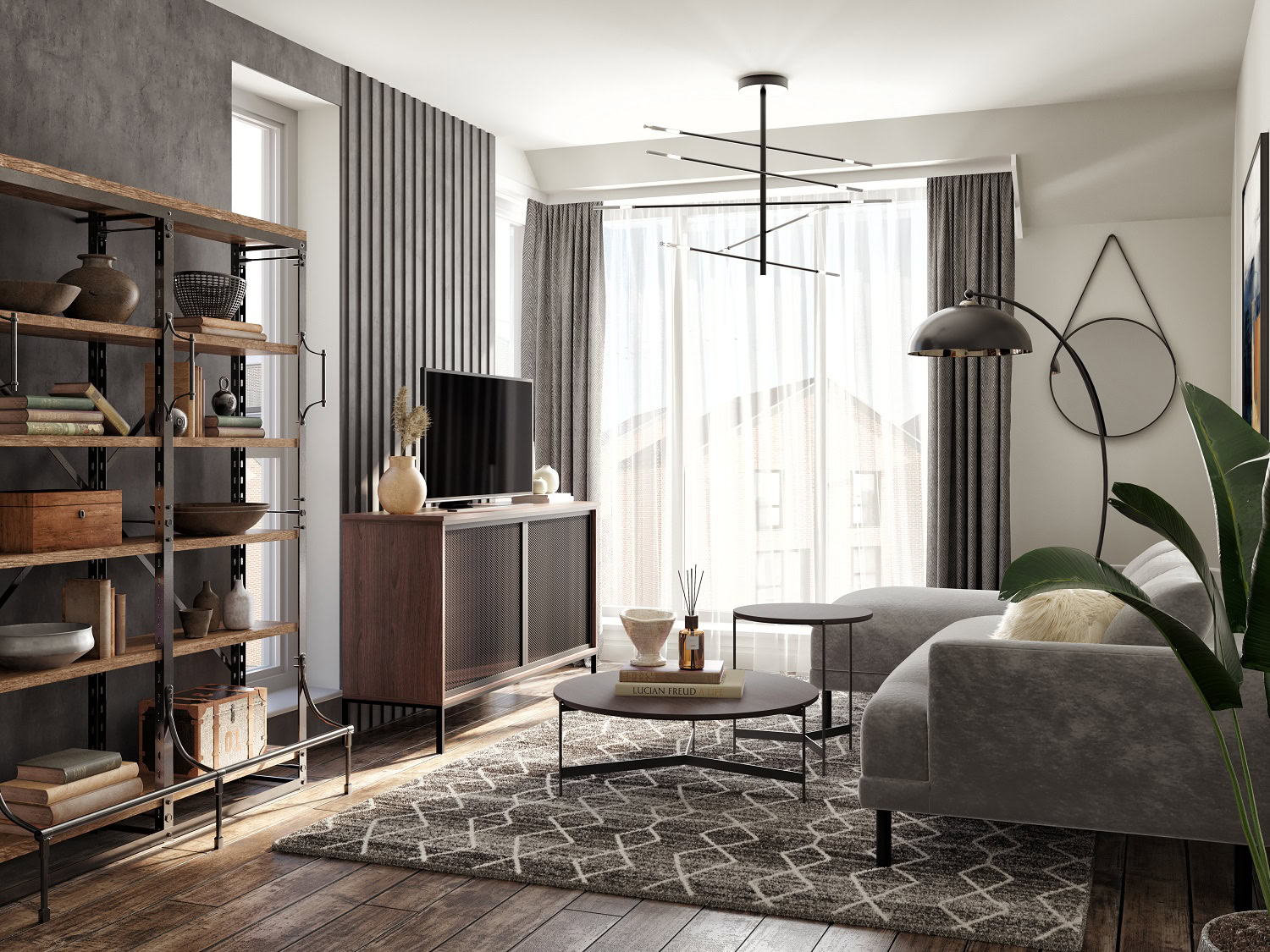 Industrial Style living room CGI - small space looking cosy