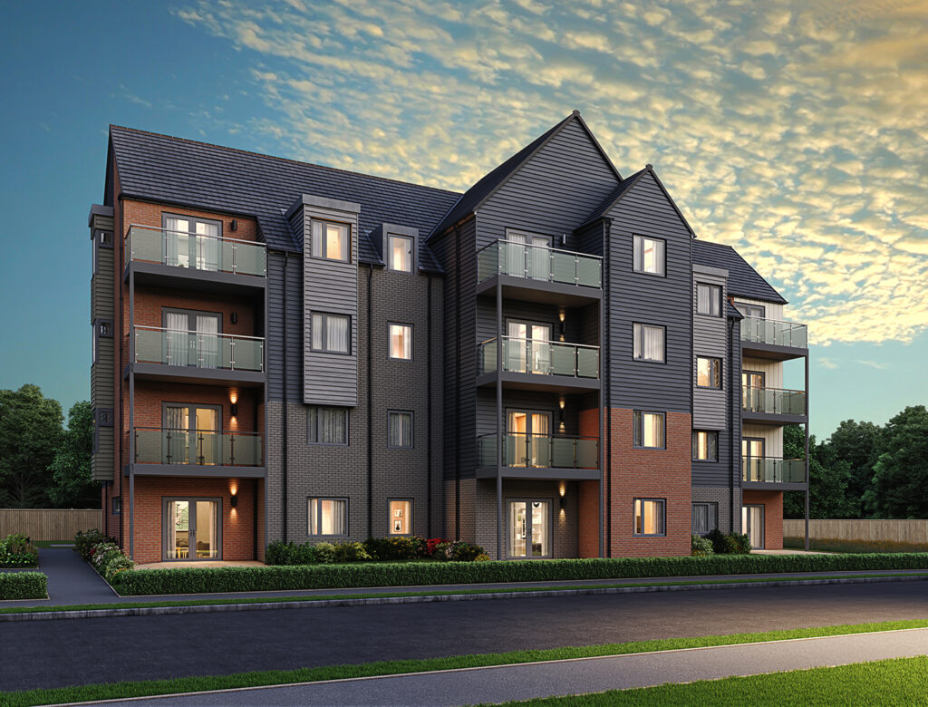 Apartment real estate CGI with balconies at dusk - fast turnaround