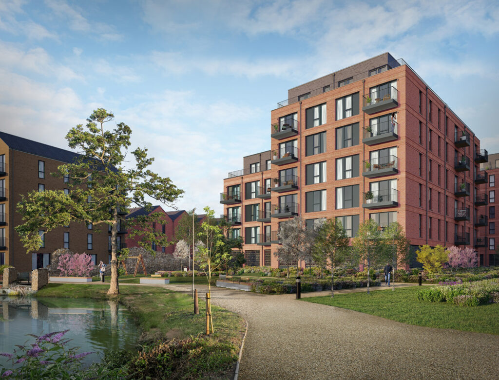 3D CGI architectural rendering of a block of flats with balconies. In the foreground are trees, green spaces, pathways and a pond.