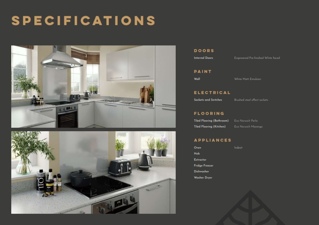 Property brochure specifications page - development details and features layout