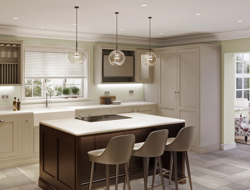 Country house kitchen with island and pendant lamps 3D CGI Interior