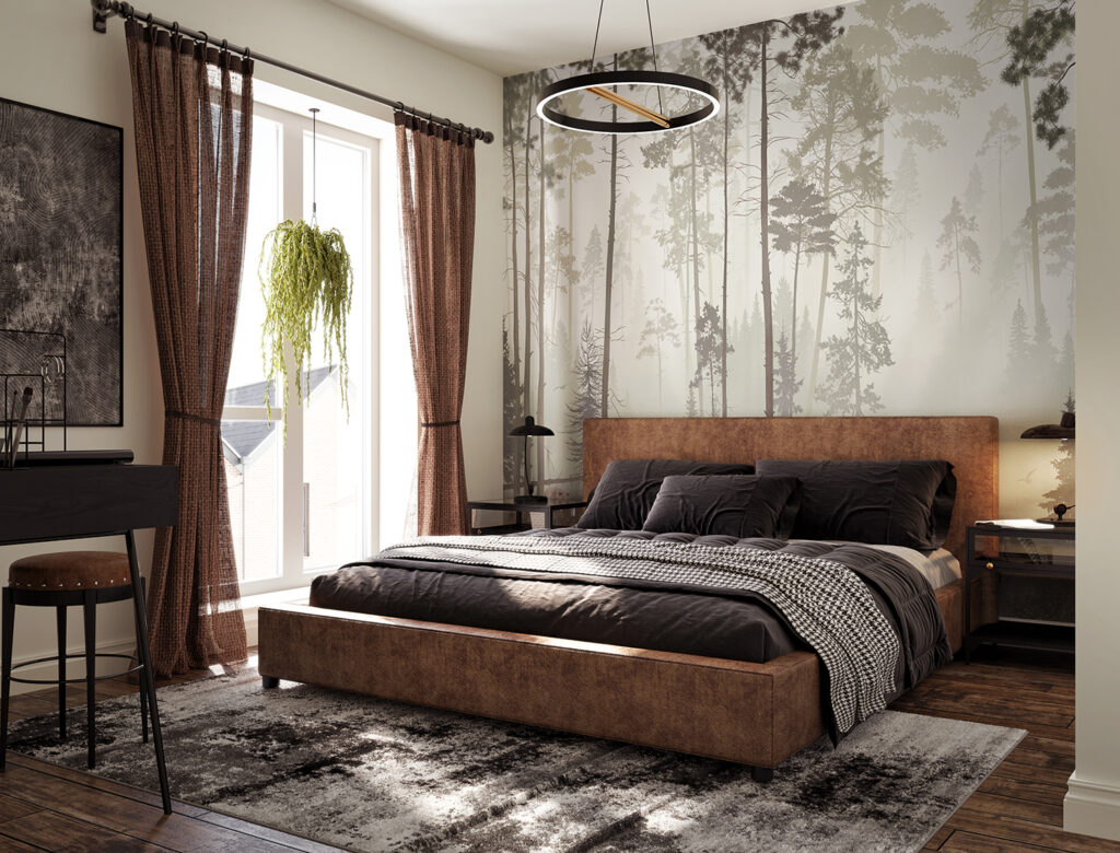 CGI Interior visualisations example - Bedroom with light coming through the large window.