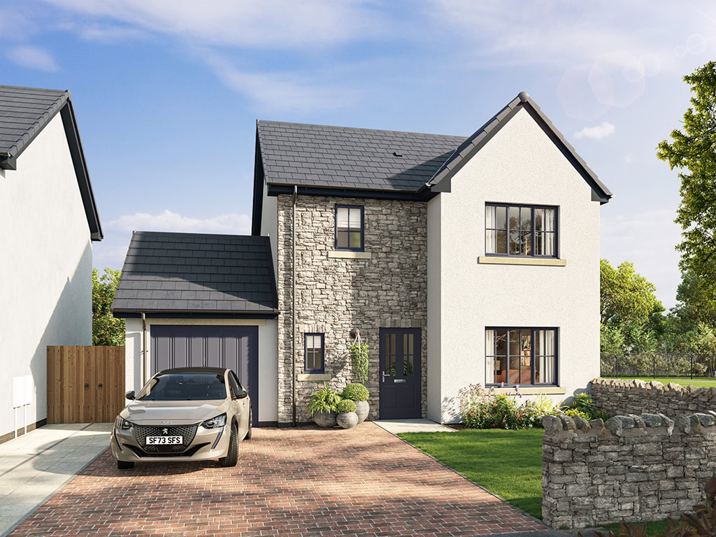 White and grey detached house with garage.