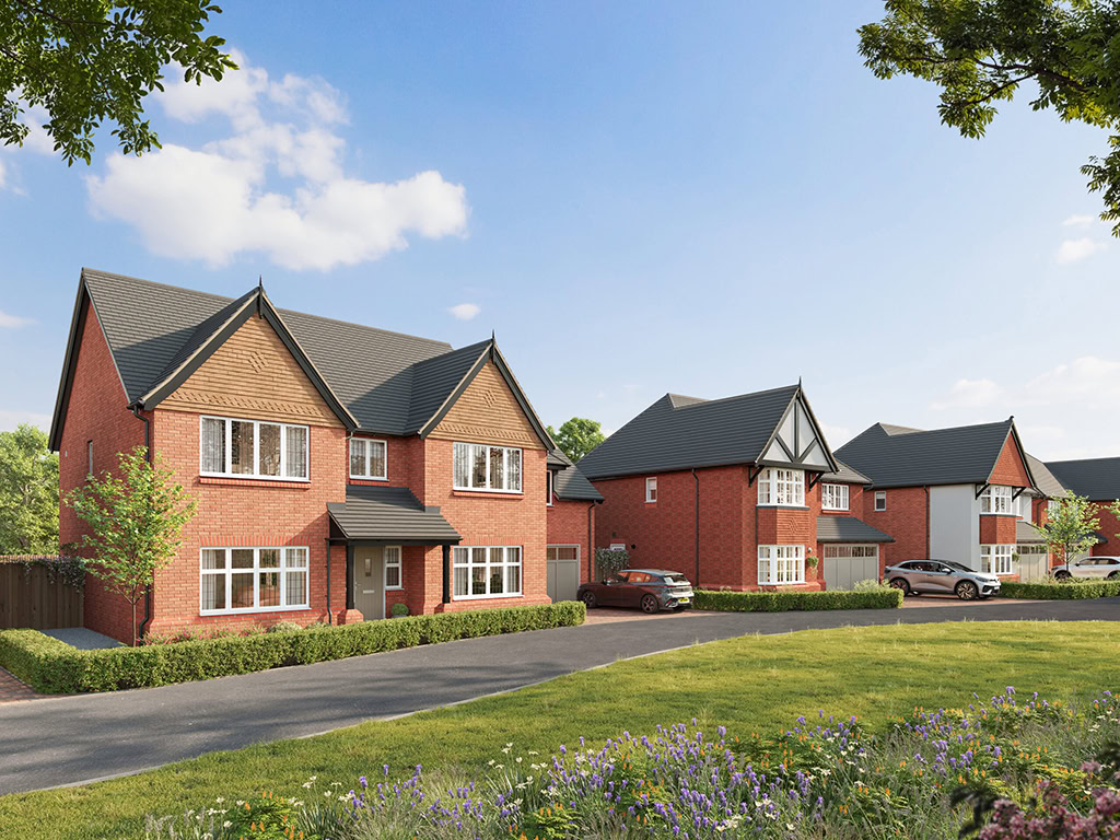 3D Property Visualisation Street view of three detached houses with garages.