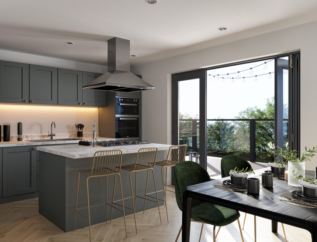 3D interior rendering of Kitchen diner in detached new build house 3D render