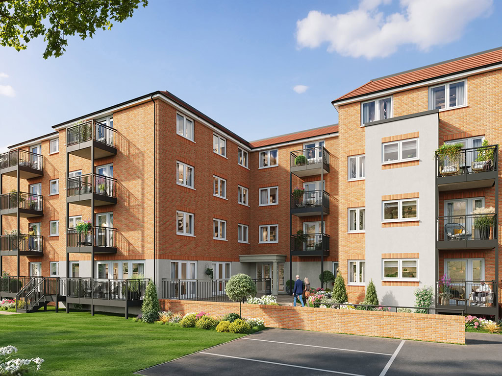 Rear view of apartment block with balconies and parking spaces.