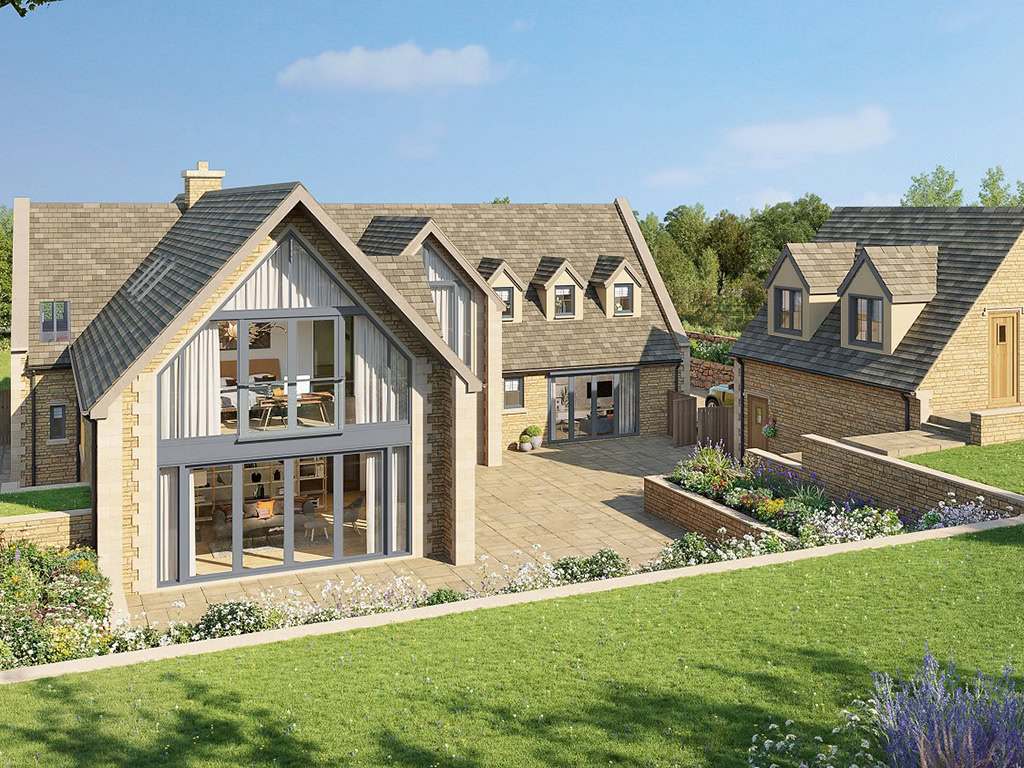 CGI images for Property example of a Rear exterior of large house with extension with patio and flower beds and bay windows.
