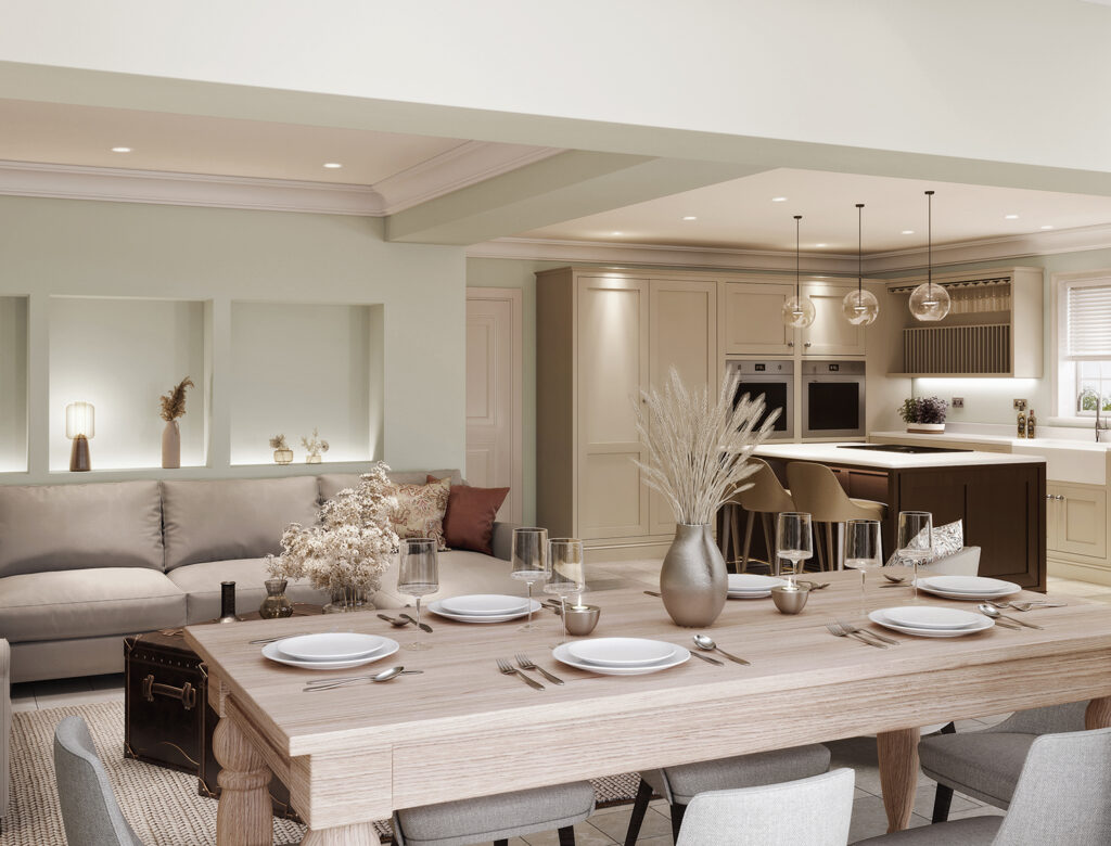 3D Rendering Services example - Dining table in foreground, kitchenette and sofa in background.