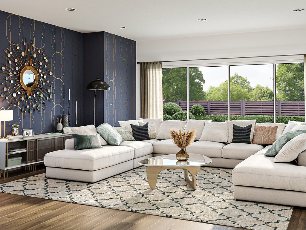 Interior visualisation of a living room with large white sofa and blue wall.