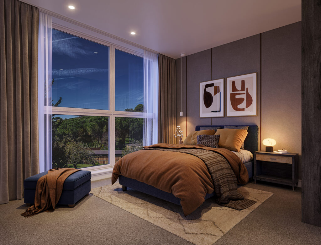 Internal visualisations example - CGI of a bedroom with a bed and a large window 3D interior visualisations