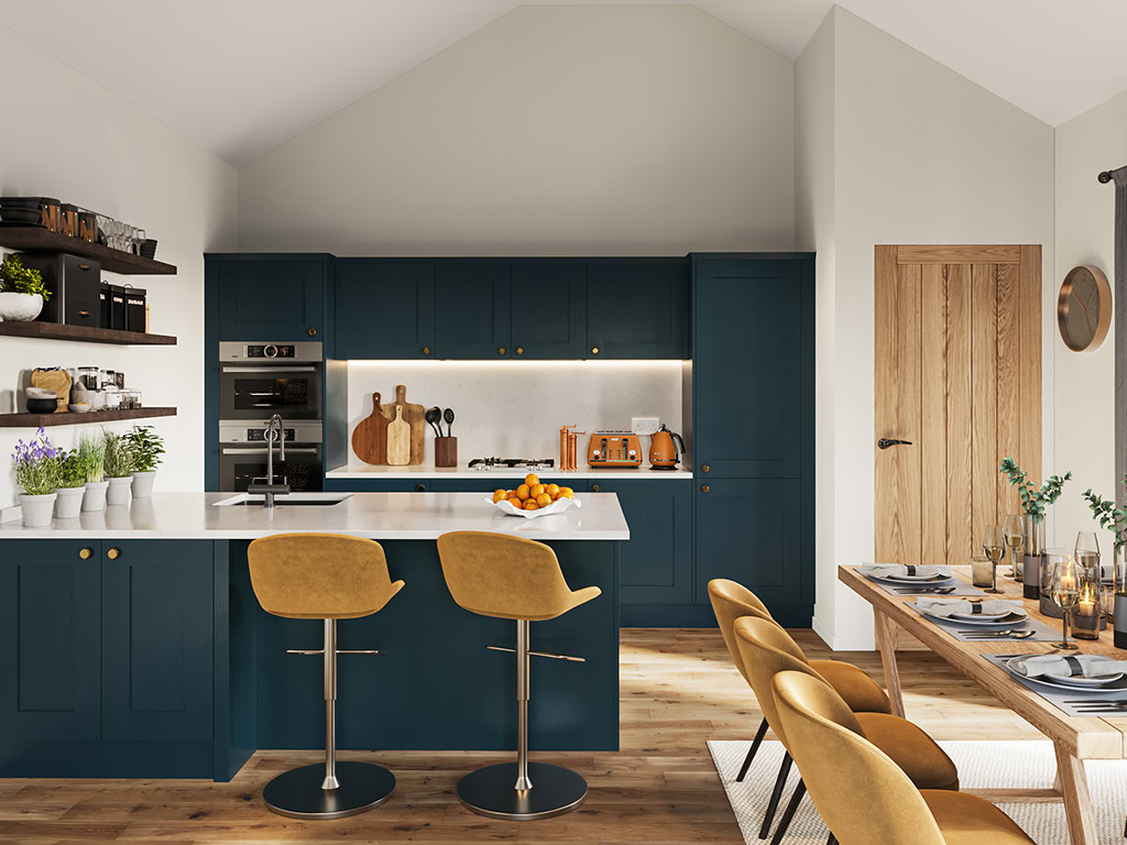 CGI 3D Rendering of a kitchen diner. White walls with dark blue cabinets and white counter tops, there is a small breakfast bar with two bar chairs and a set dining table to the right of the image.