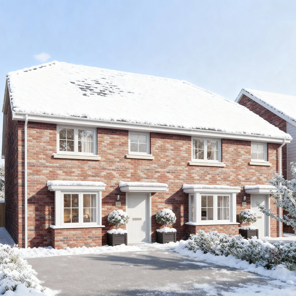 Snow-covered semi-detached house in winter landscape.