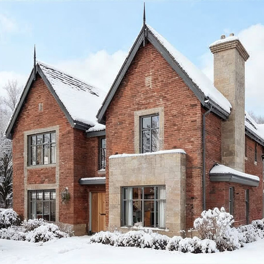 Traditional detached house surrounded by winter snow