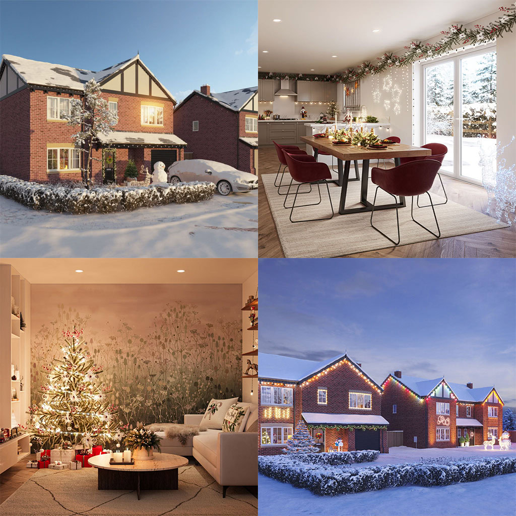 Festive winter scenes with snow-covered homes CGI