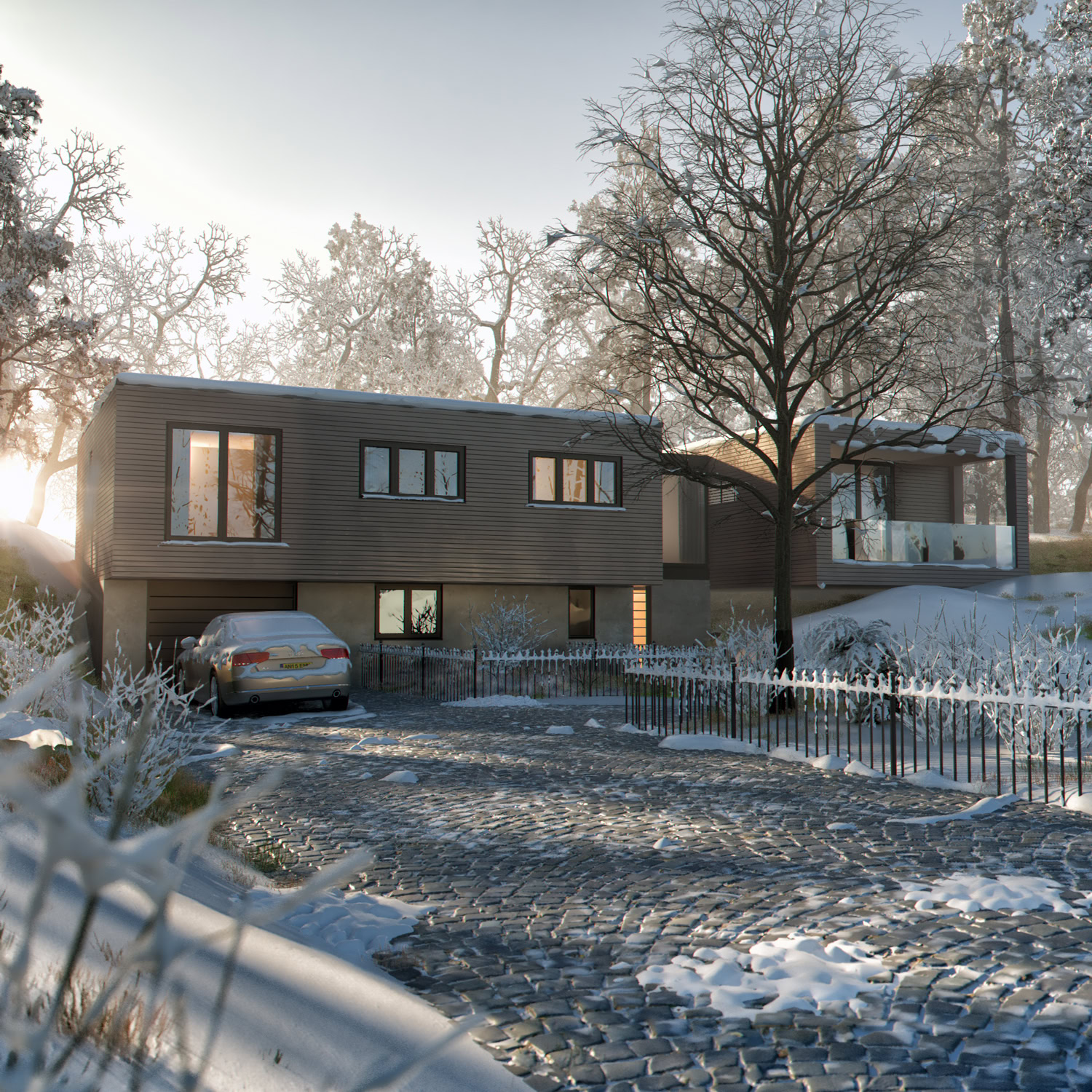 Modern house in snowy winter landscape CGI