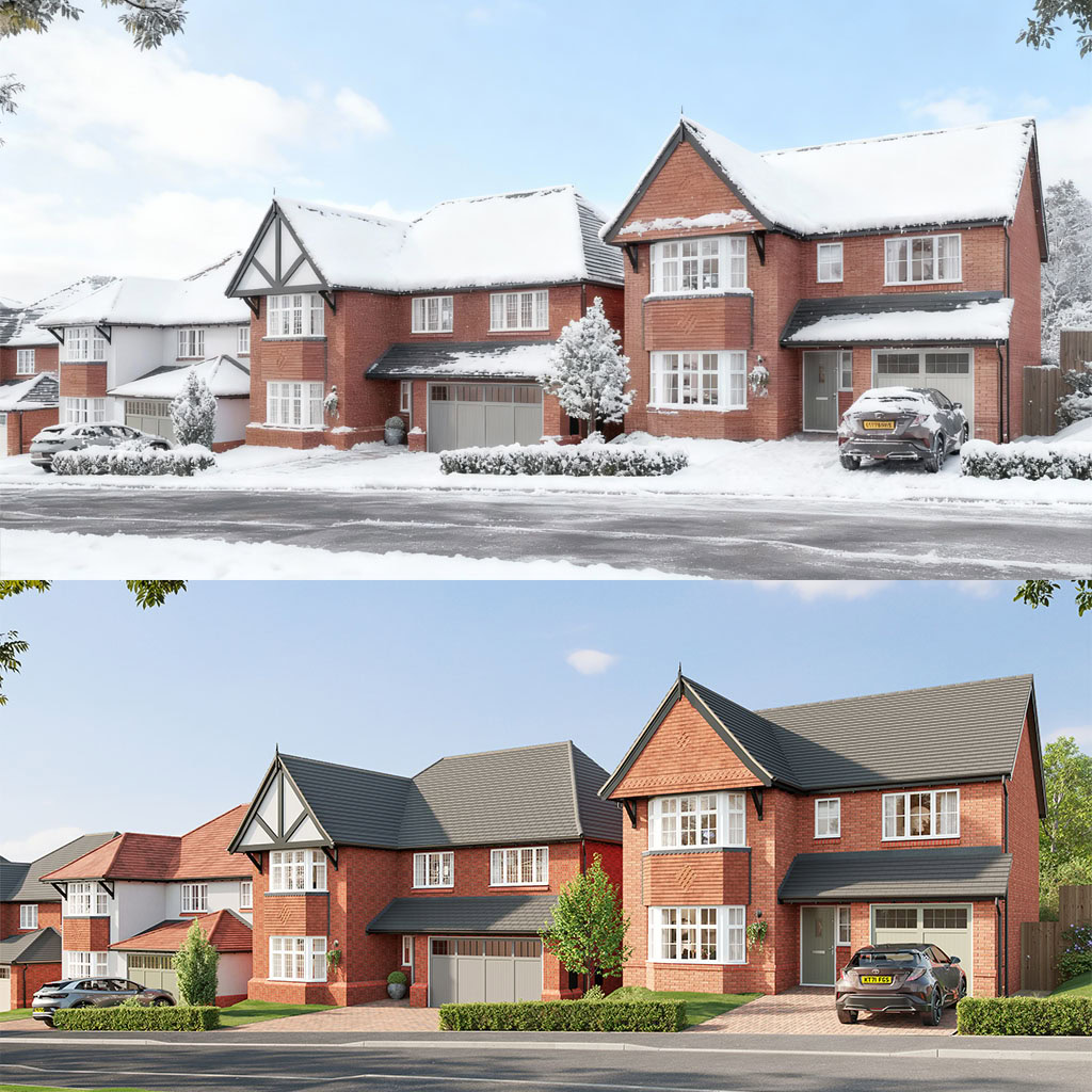 Snowy houses in a winter landscape CGI