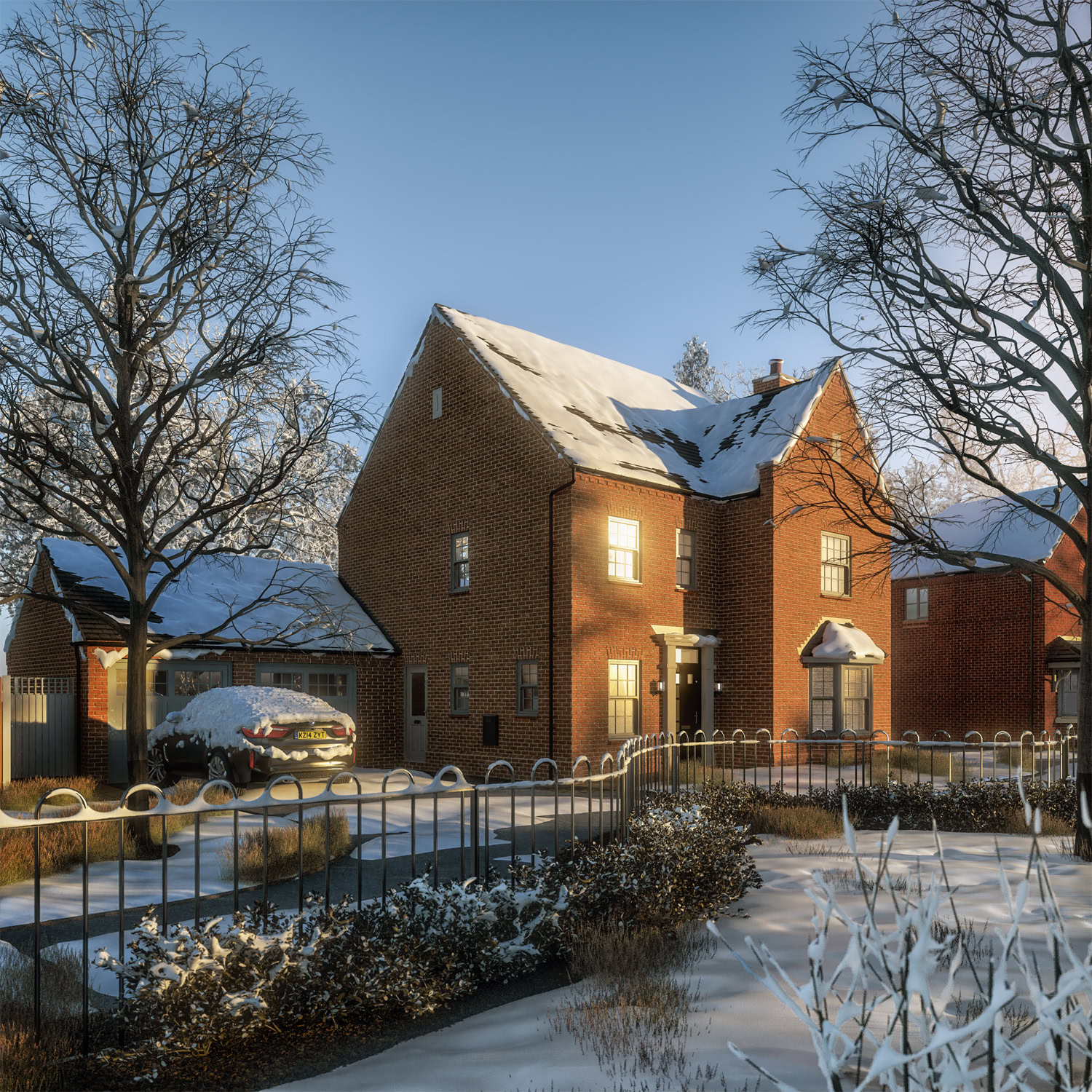 Snow-covered house in winter landscape CGI