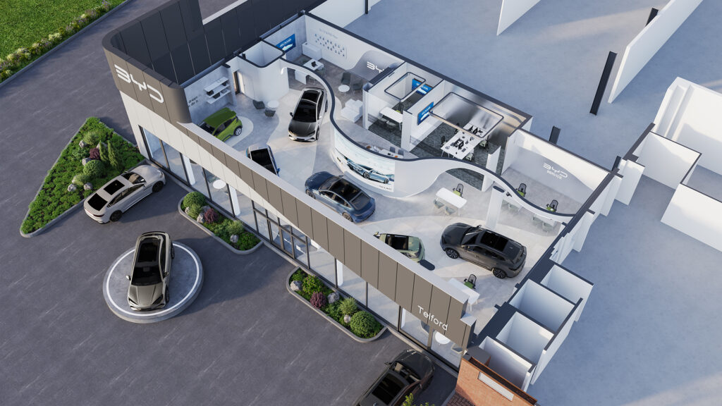 BYD showroom 3D cutaway view showing interior layout and spatial design