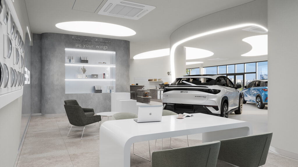 BYD Telford showroom interior - on-brand sales zone with precision detailing
