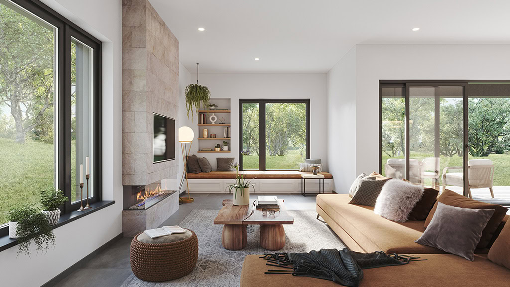Modern open-plan living room CGI featuring a stone fireplace, large picture window with built-in seating bench, and stylish lounge furniture