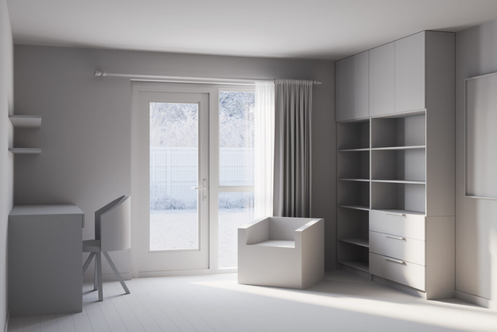 White block CGI image of a study room