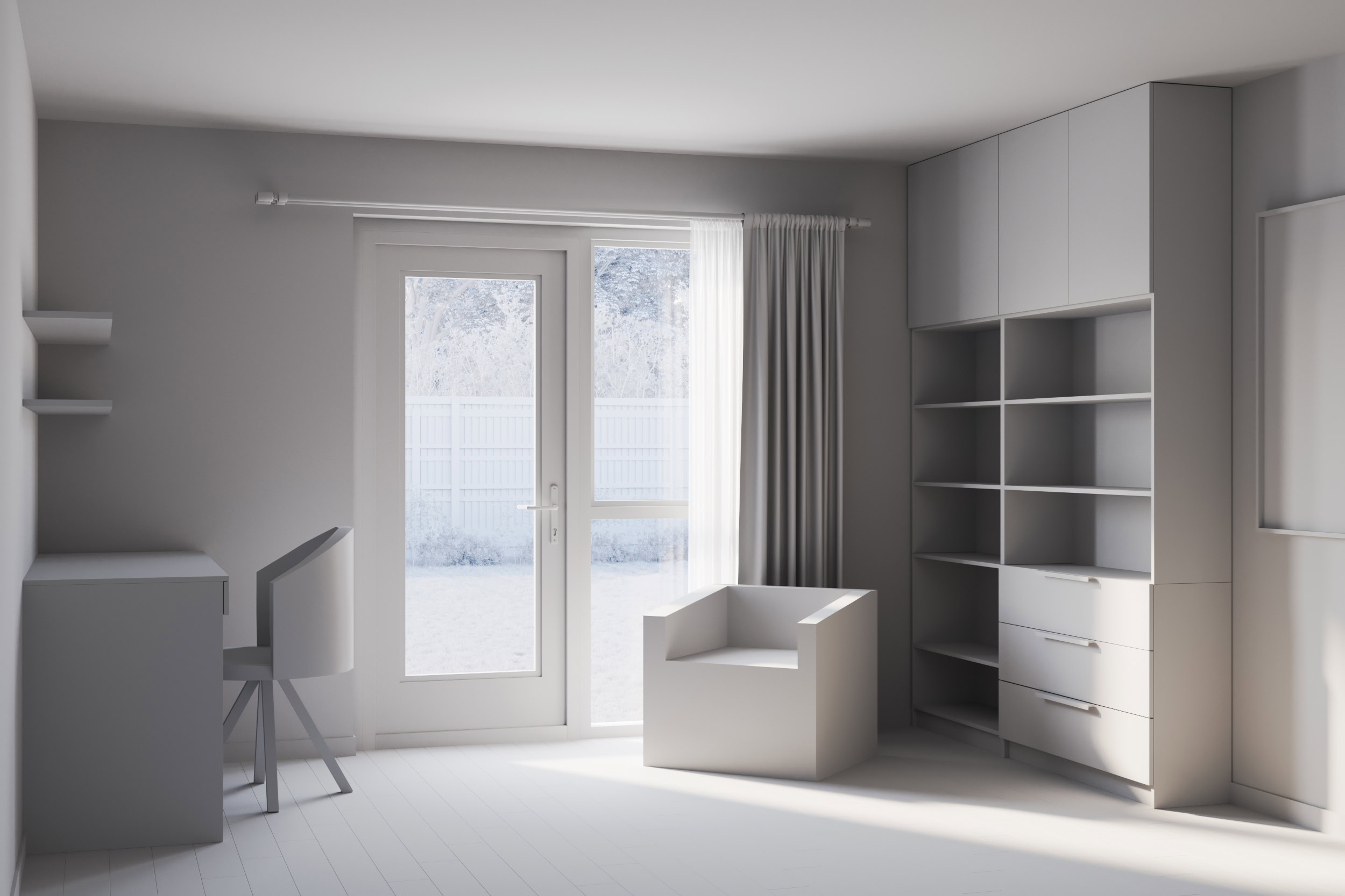 Example from the raw render and white-block stage of an interior CGI