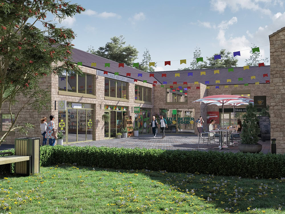 Exterior CGI street view of Urbed Loxley Valley development showing brick townhouses with landscaped streetscape