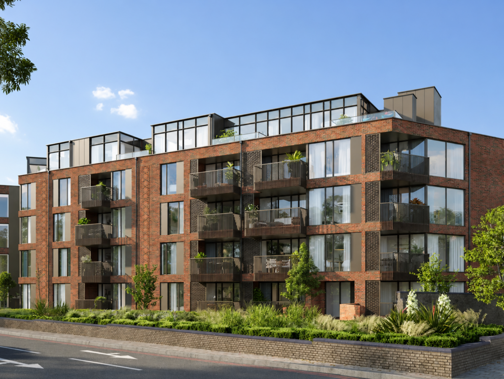 Exterior CGI of a contemporary apartment building with landscaped grounds